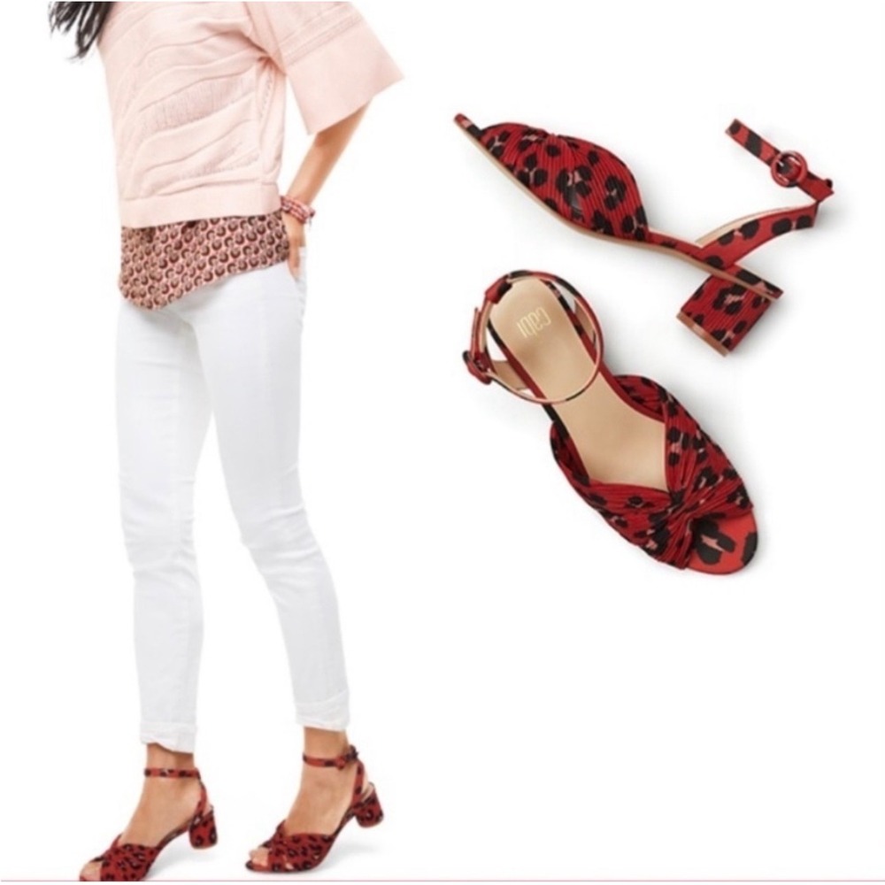 Cabi Siren Sandal Womens 7.5‎ Red Black Leopard Pleated Block Heel 6023